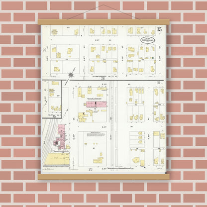 Old map wall art mockup — magnetic wood frame on brick wall — Sanborn Map from Corsicana, Navarro County, Texas (1910), Sheet #0015