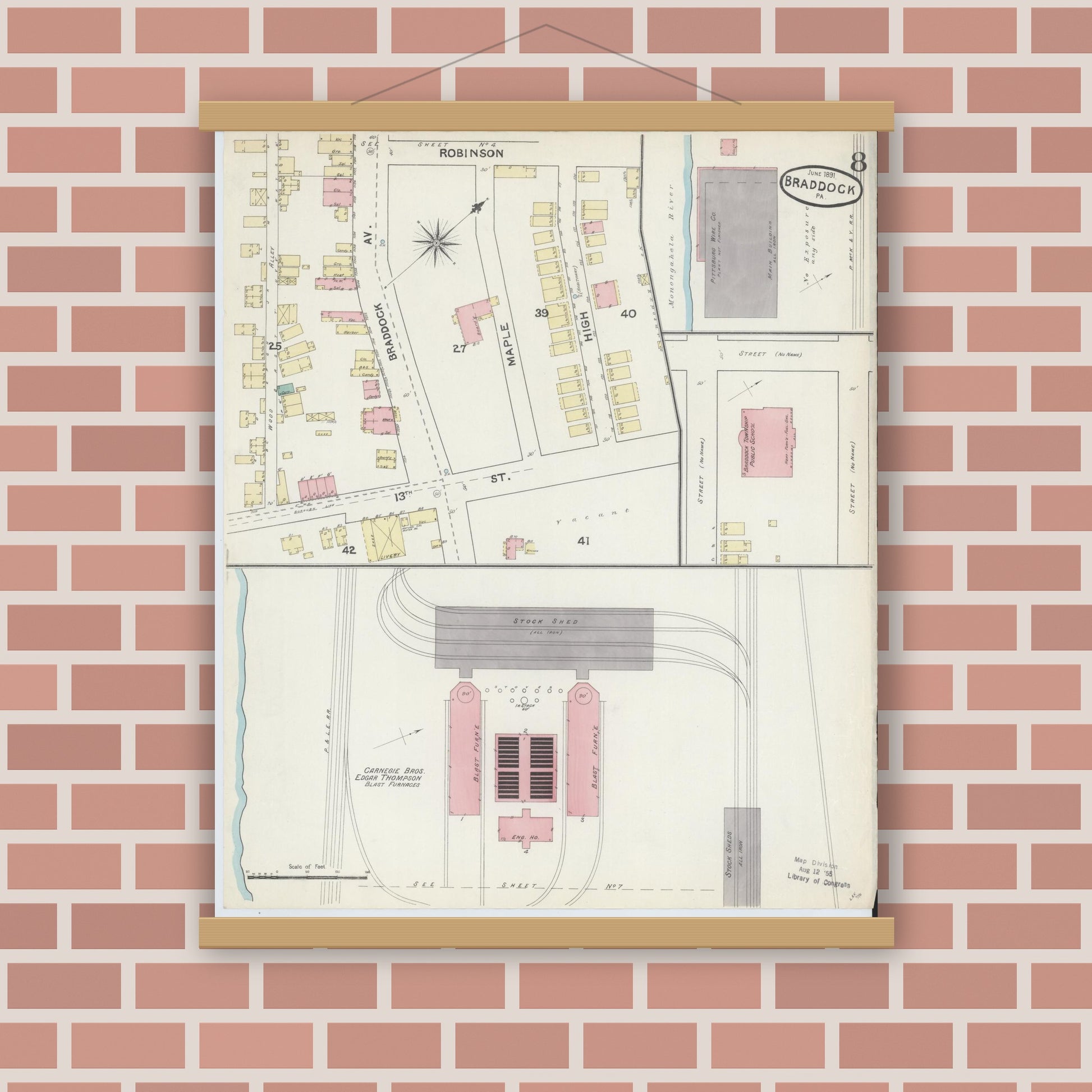 Old map wall art mockup — magnetic wood frame on brick wall — Sanborn Fire Insurance Map from Braddock, Allegheny County, Pennsylvania (1891), Sheet #0008