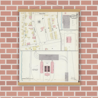 Old map wall art mockup — magnetic wood frame on brick wall — Sanborn Fire Insurance Map from Braddock, Allegheny County, Pennsylvania (1891), Sheet #0008