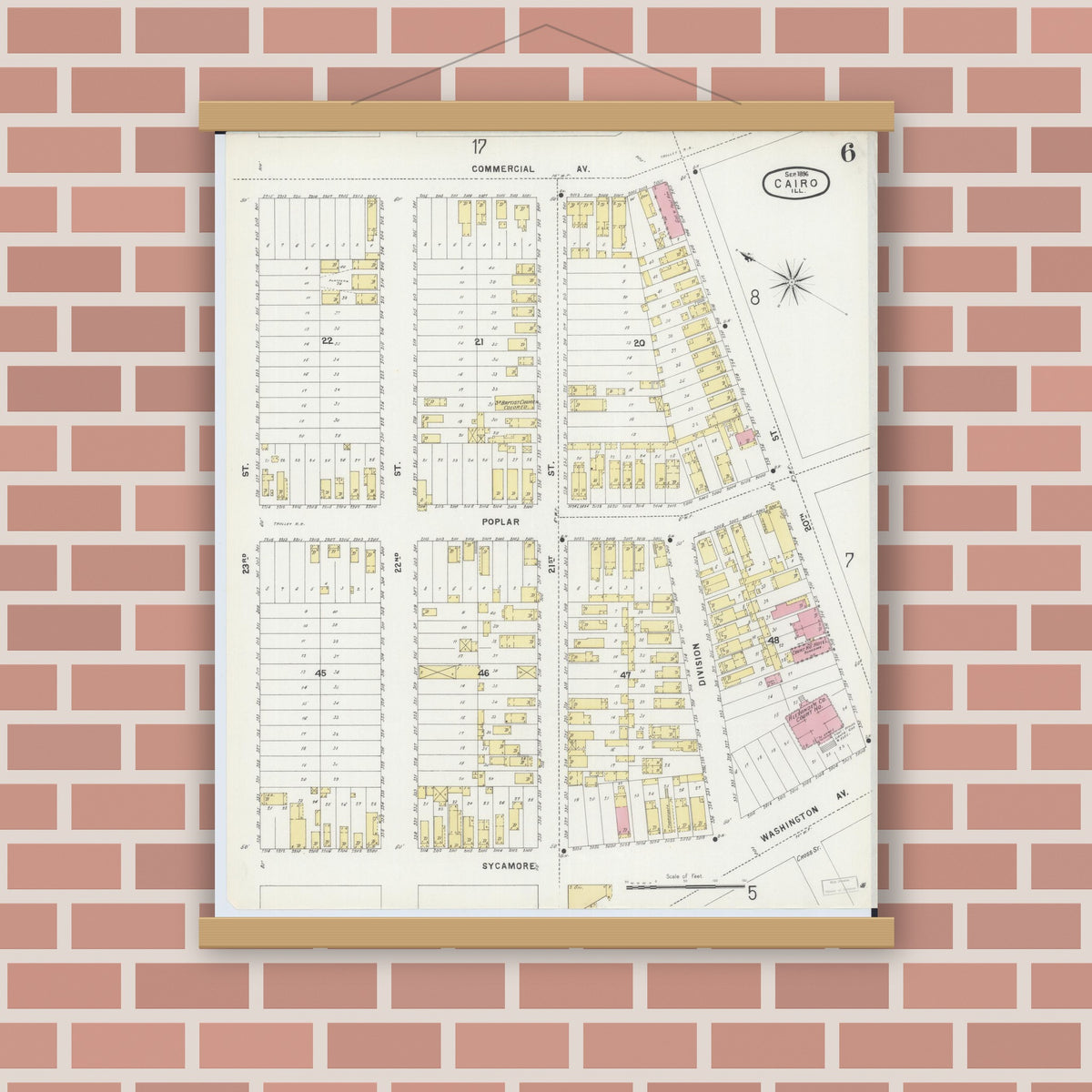 Old map wall art mockup — magnetic wood frame on brick wall — Sanborn Fire Insurance Map from Cairo, Alexander County, Illinois (1896), Sheet #0006
