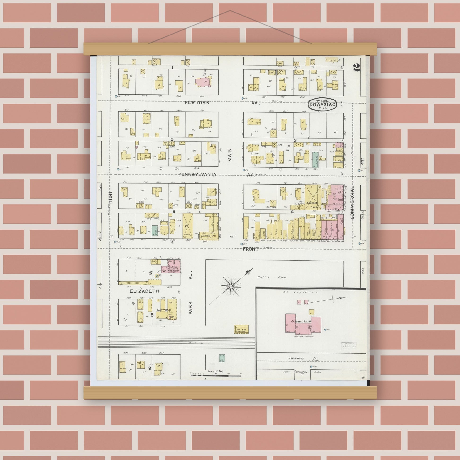 Old map wall art mockup — magnetic wood frame on brick wall — Sanborn Fire Insurance Map from Dowagiac, Cass County, Michigan (1892), Sheet #0002