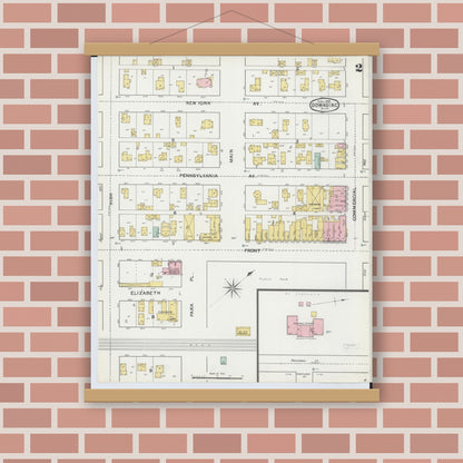 Old map wall art mockup — magnetic wood frame on brick wall — Sanborn Fire Insurance Map from Dowagiac, Cass County, Michigan (1892), Sheet #0002