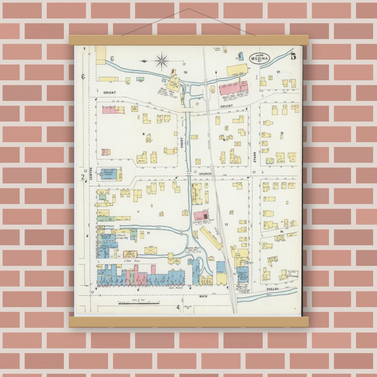 Old map wall art mockup — magnetic wood frame on brick wall — Sanborn Fire Insurance Map from Medina, Orleans County, New York (1898), Sheet #0005