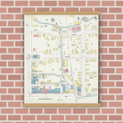 Old map wall art mockup — magnetic wood frame on brick wall — Sanborn Fire Insurance Map from Medina, Orleans County, New York (1898), Sheet #0005