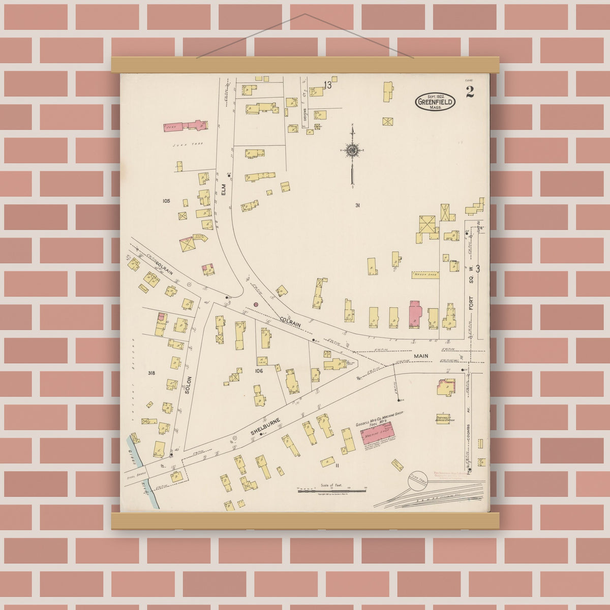 Old map wall art mockup — magnetic wood frame on brick wall — Sanborn Fire Insurance Map from Greenfield, Franklin County, Massachusetts (1922), Sheet #0002