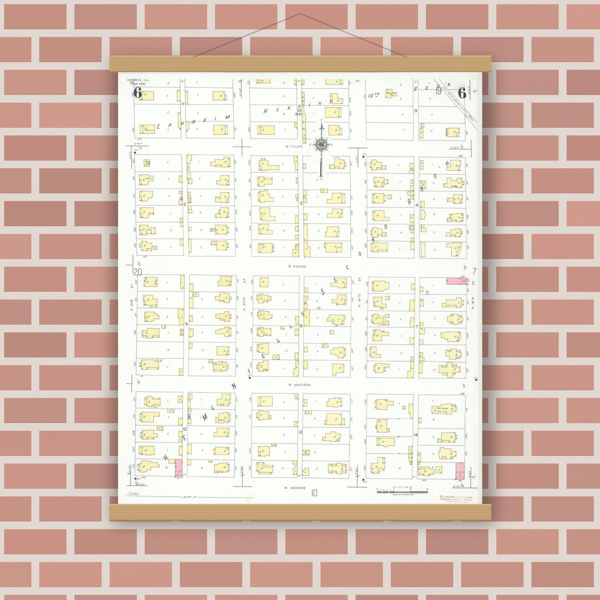 Old map wall art mockup — magnetic wood frame on brick wall — Sanborn Fire Insurance Map from Herrin, Williamson County, Illinois (1941), Sheet #0006