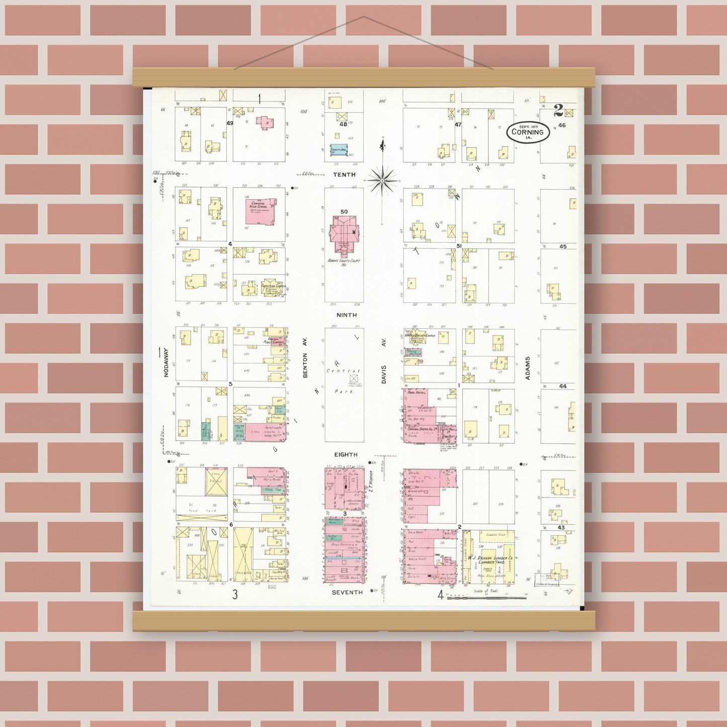 Old map wall art mockup — magnetic wood frame on brick wall — Sanborn Fire Insurance Map from Corning, Adams County, Iowa (1907), Sheet #0002