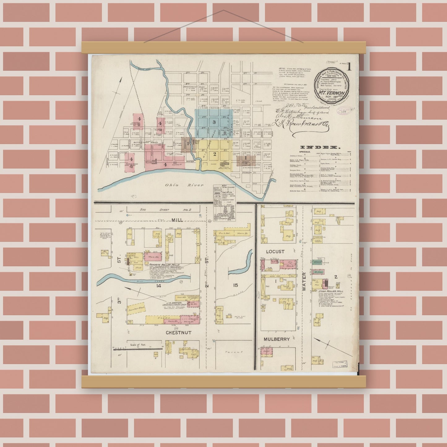 Old map wall art mockup — magnetic wood frame on brick wall — Sanborn Fire Insurance Map from Mount Vernon, Posey County, Indiana (1887), Sheet #0001
