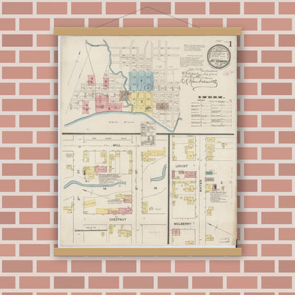 Old map wall art mockup — magnetic wood frame on brick wall — Sanborn Fire Insurance Map from Mount Vernon, Posey County, Indiana (1887), Sheet #0001