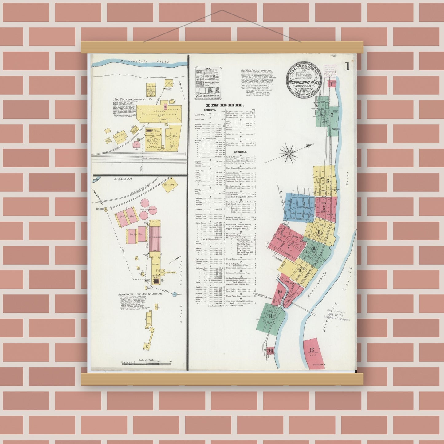 Old map wall art mockup — magnetic wood frame on brick wall — Sanborn Fire Insurance Map from Monongahela City, Washington County, Pennsylvania (1905), Sheet #0001