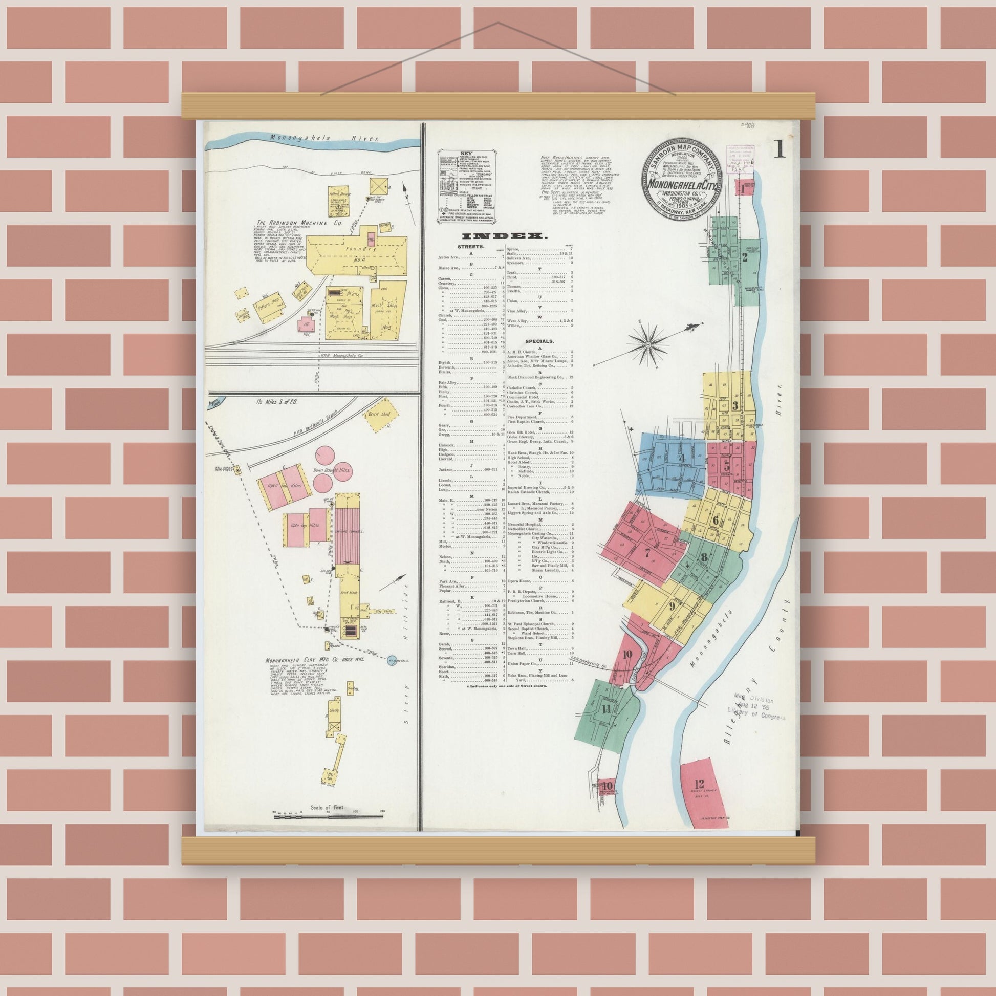 Old map wall art mockup — magnetic wood frame on brick wall — Sanborn Fire Insurance Map from Monongahela City, Washington County, Pennsylvania (1905), Sheet #0001