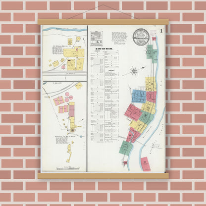 Old map wall art mockup — magnetic wood frame on brick wall — Sanborn Fire Insurance Map from Monongahela City, Washington County, Pennsylvania (1905), Sheet #0001
