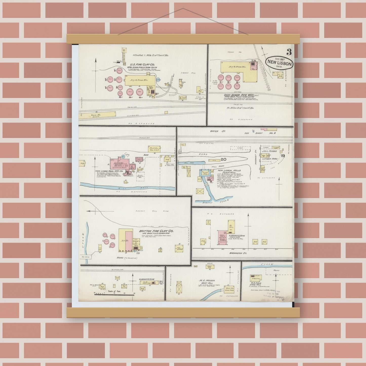 Old map wall art mockup — magnetic wood frame on brick wall — Sanborn Fire Insurance Map from New Lisbon, Columbiana County, Ohio (1887), Sheet #0003