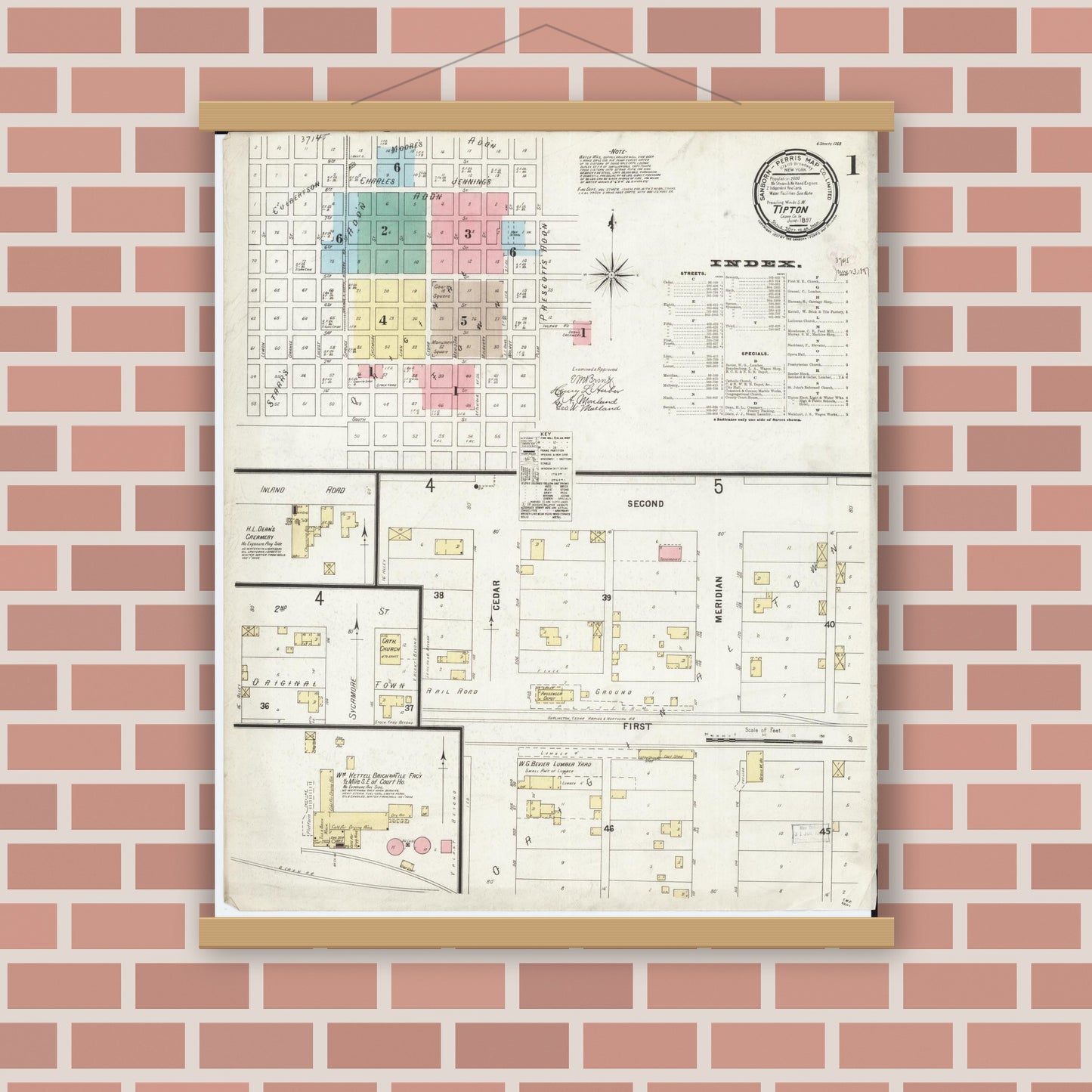 Old map wall art mockup — magnetic wood frame on brick wall — Sanborn Fire Insurance Map from Tipton, Cedar County, Iowa (1897), Sheet #0001