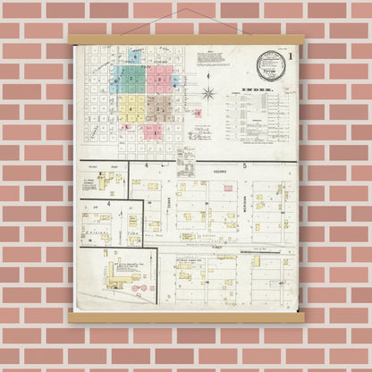 Old map wall art mockup — magnetic wood frame on brick wall — Sanborn Fire Insurance Map from Tipton, Cedar County, Iowa (1897), Sheet #0001