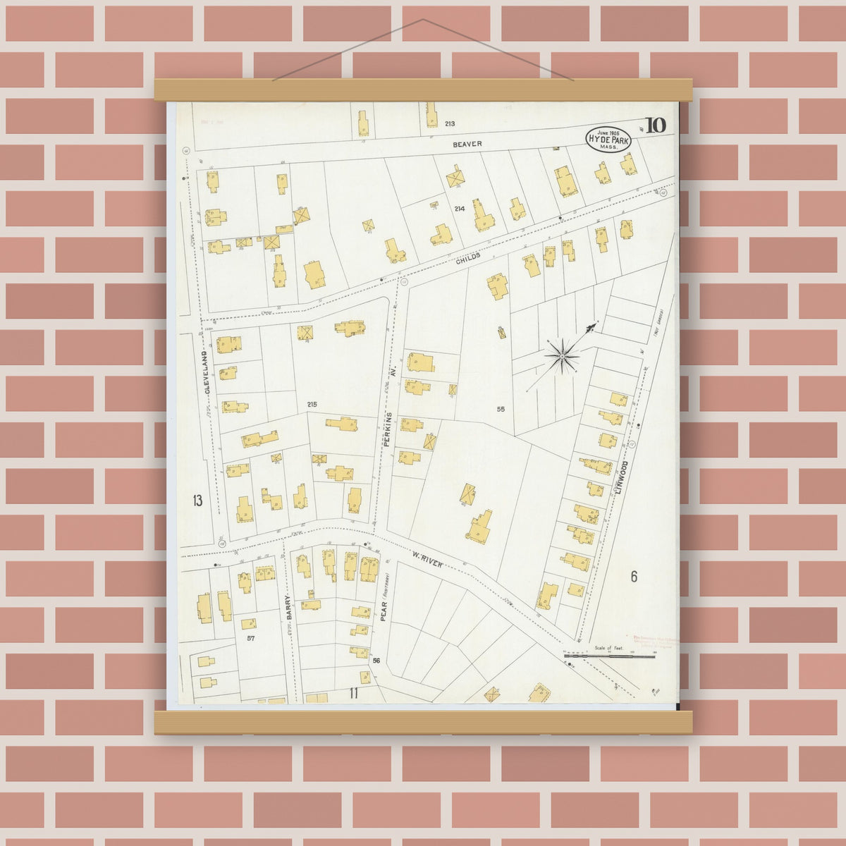 Old map wall art mockup — magnetic wood frame on brick wall — Sanborn Fire Insurance Map from Hyde Park, Norfolk County, Massachusetts (1905), Sheet #0010