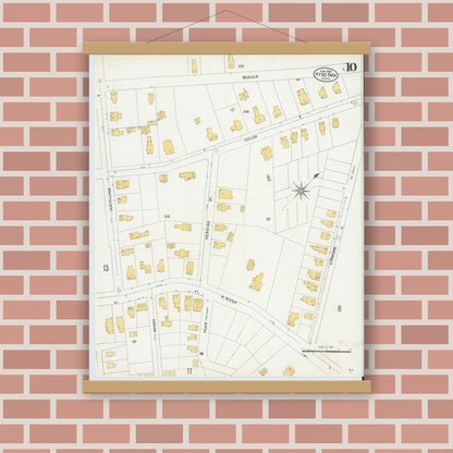 Old map wall art mockup — magnetic wood frame on brick wall — Sanborn Fire Insurance Map from Hyde Park, Norfolk County, Massachusetts (1905), Sheet #0010