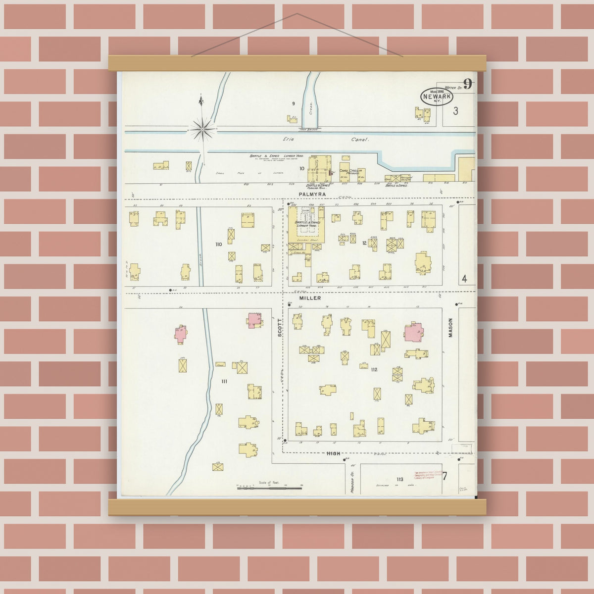 Old map wall art mockup — magnetic wood frame on brick wall — Sanborn Fire Insurance Map from Newark, Wayne County, New York (1898), Sheet #0009