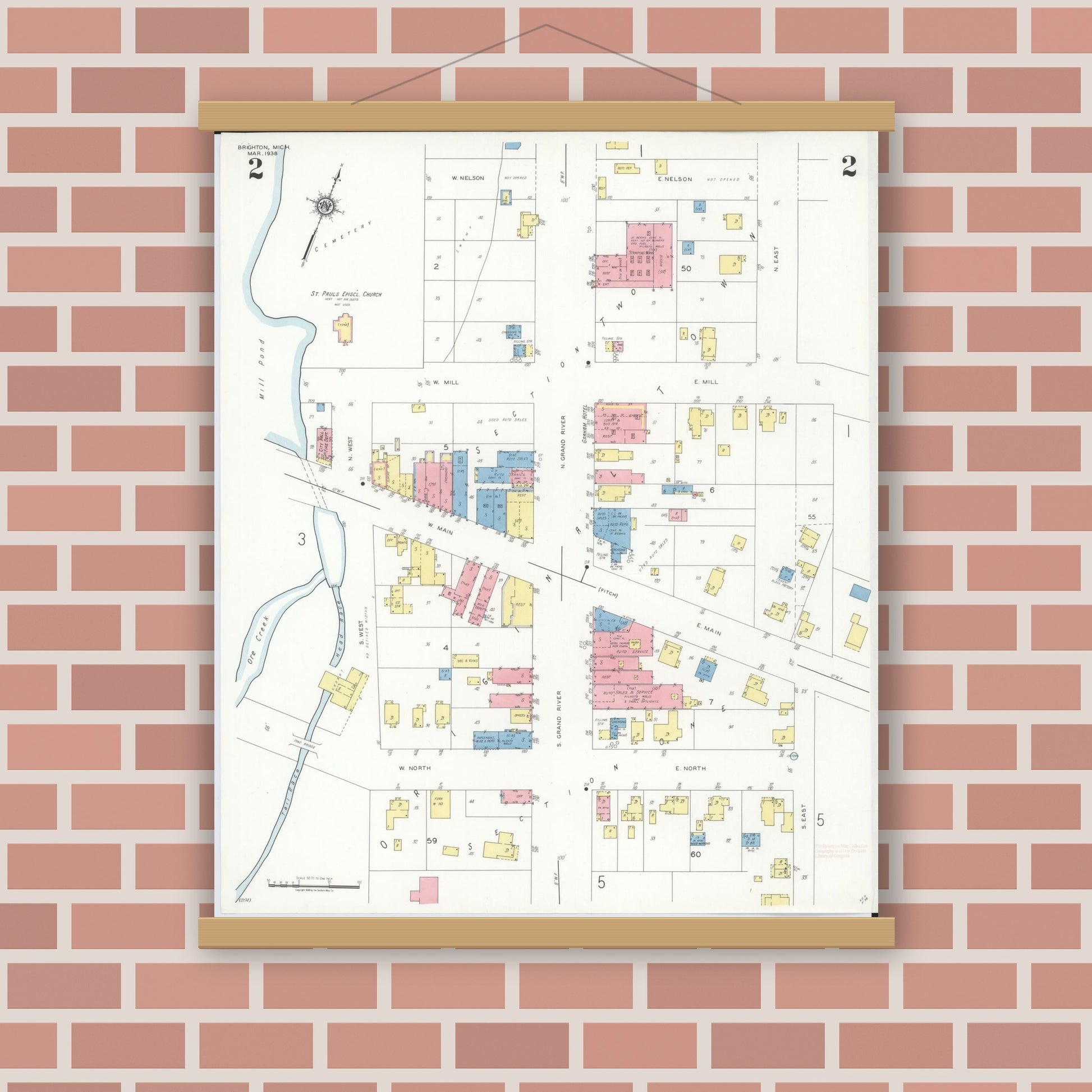 Old map wall art mockup — magnetic wood frame on brick wall — Sanborn Fire Insurance Map from Brighton, Livington County, Michigan (1938), Sheet #0002