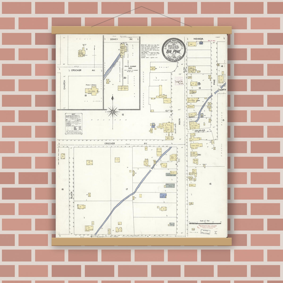 Old map wall art mockup — magnetic wood frame on brick wall — Sanborn Fire Insurance Map from Big Pine, Inyo County, California (1909), Sheet #0001