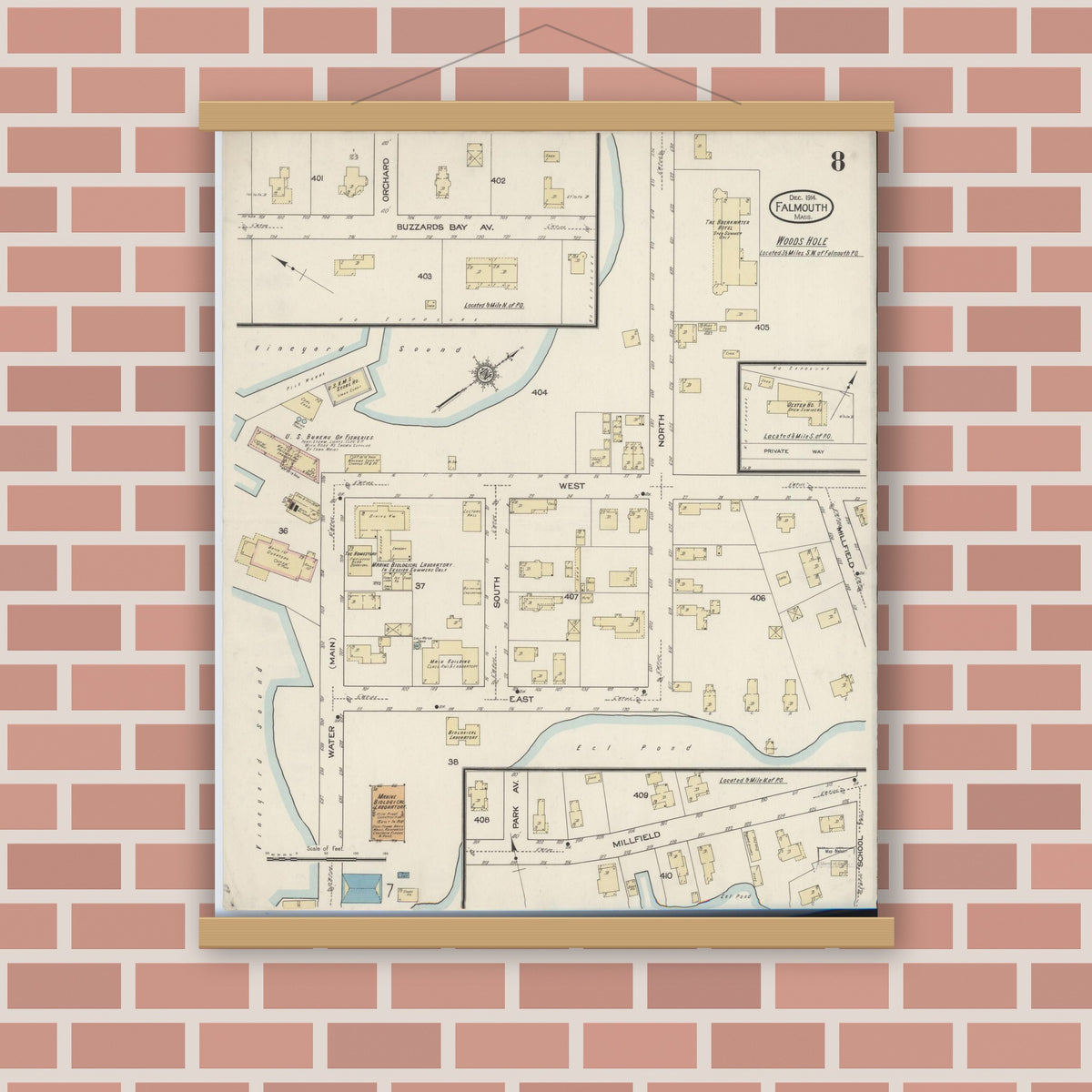 Old map wall art mockup — magnetic wood frame on brick wall — Sanborn Fire Insurance Map from Falmouth, Barnstable County, Massachusetts (1914), Sheet #0008