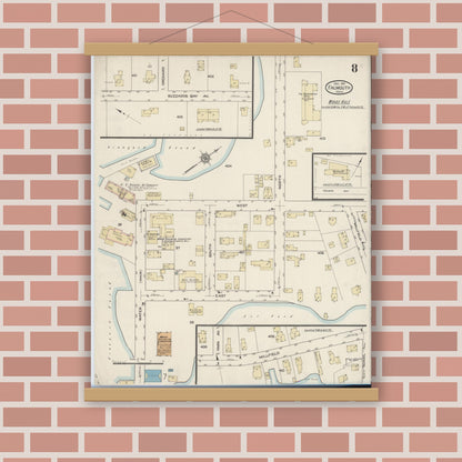Old map wall art mockup — magnetic wood frame on brick wall — Sanborn Fire Insurance Map from Falmouth, Barnstable County, Massachusetts (1914), Sheet #0008