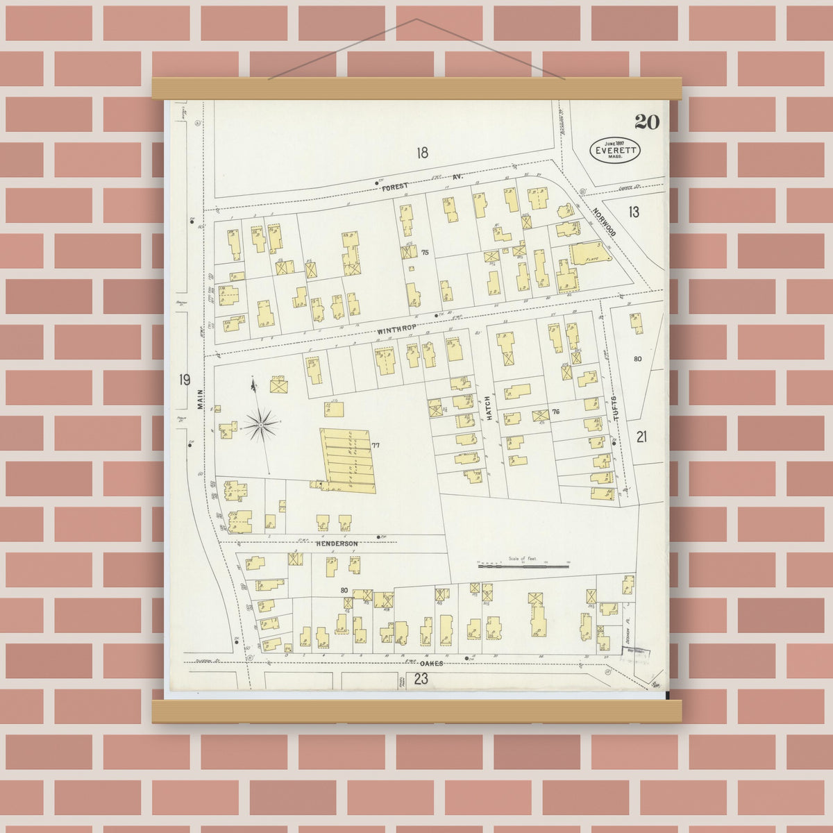 Old map wall art mockup — magnetic wood frame on brick wall — Sanborn Fire Insurance Map from Everett, Middlesex County, Massachusetts (1897), Sheet #0020