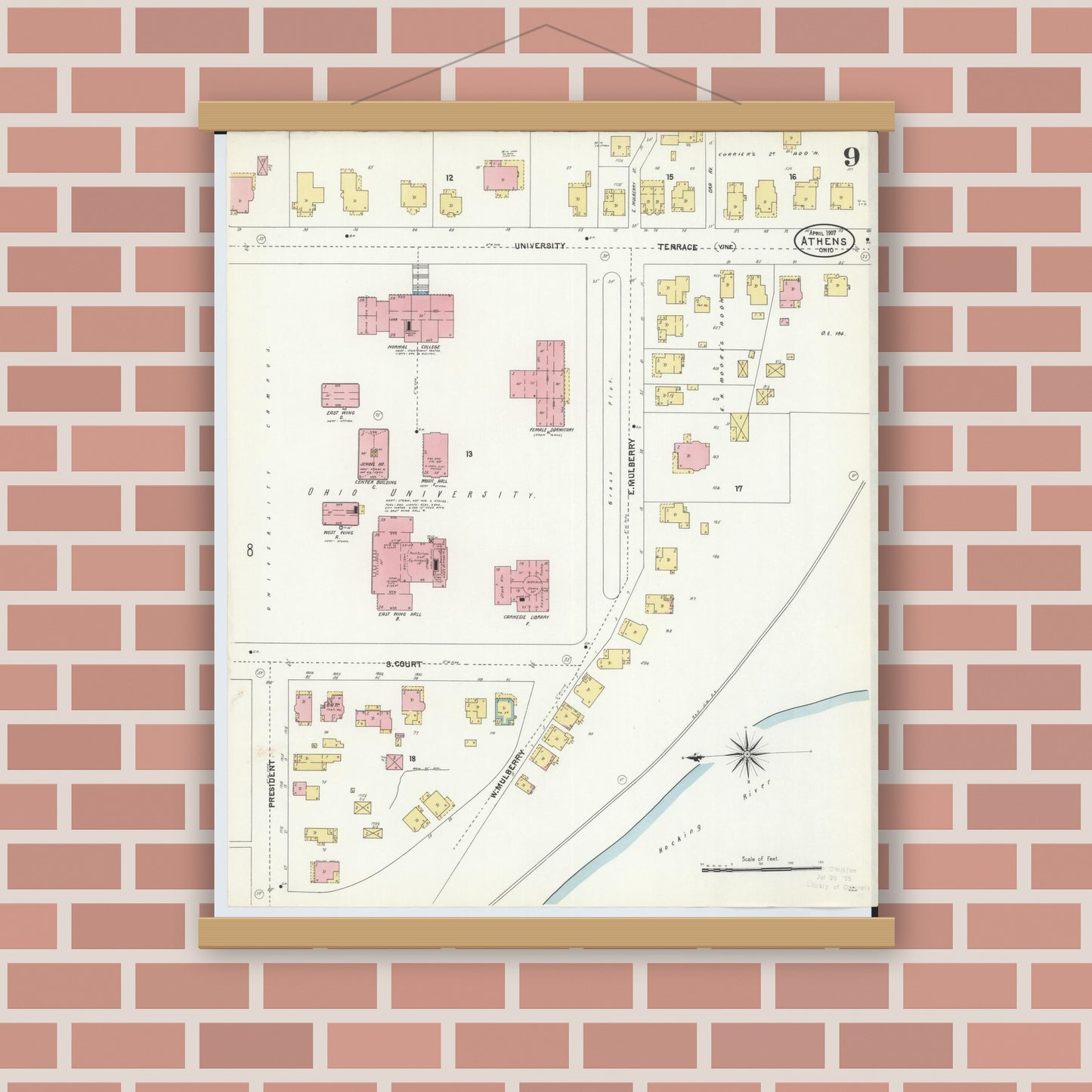 Old map wall art mockup — magnetic wood frame on brick wall — Sanborn Fire Insurance Map from Athens, Athens County, Ohio (1907), Sheet #0009