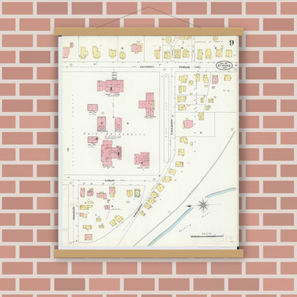 Old map wall art mockup — magnetic wood frame on brick wall — Sanborn Fire Insurance Map from Athens, Athens County, Ohio (1907), Sheet #0009