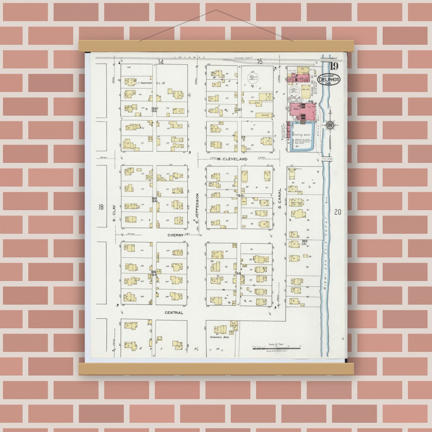 Old map wall art mockup — magnetic wood frame on brick wall — Sanborn Fire Insurance Map from Delphos, Van Wert And Allen Counties, Ohio (1921), Sheet #0019