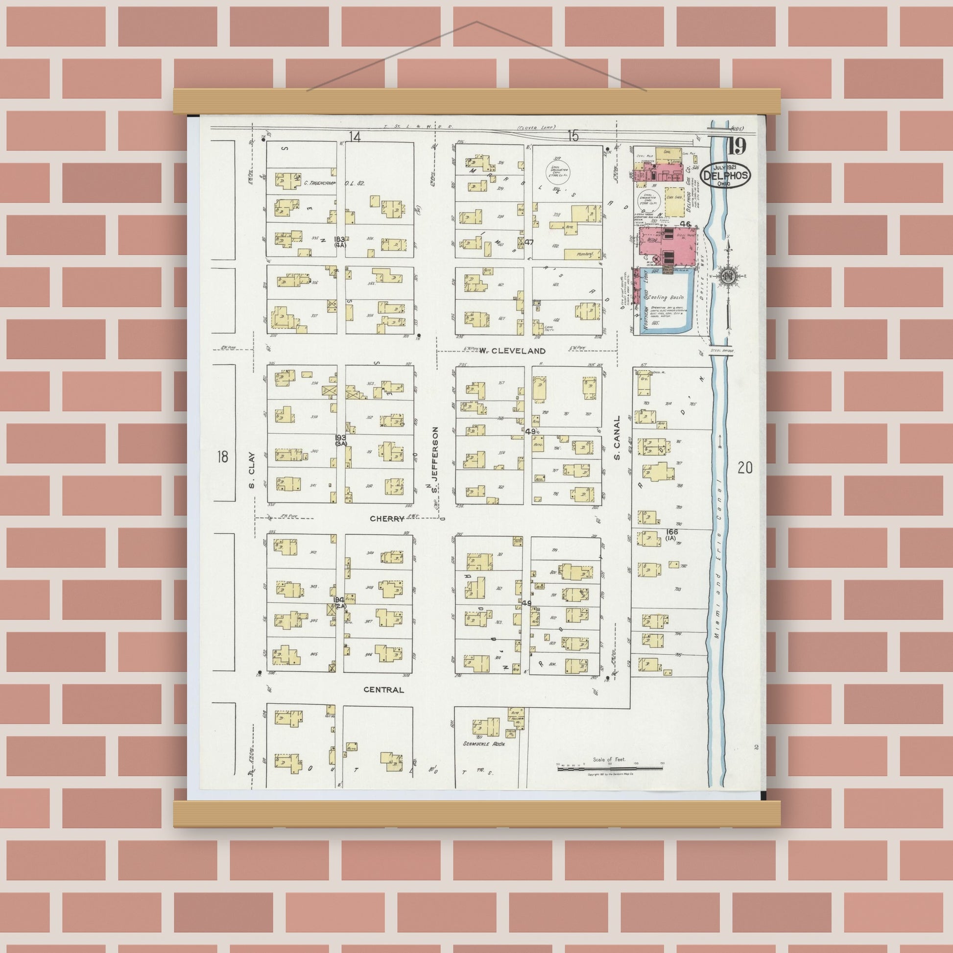Old map wall art mockup — magnetic wood frame on brick wall — Sanborn Fire Insurance Map from Delphos, Van Wert And Allen Counties, Ohio (1921), Sheet #0019