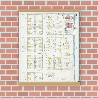 Old map wall art mockup — magnetic wood frame on brick wall — Sanborn Fire Insurance Map from Delphos, Van Wert And Allen Counties, Ohio (1921), Sheet #0019