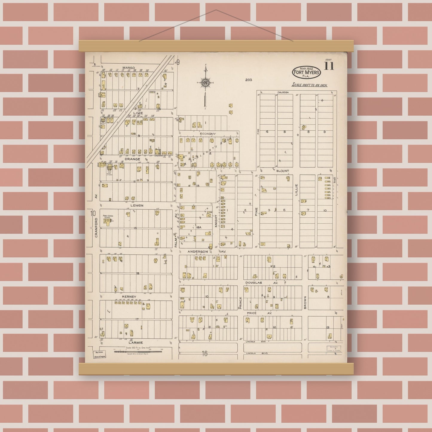 Old map wall art mockup — magnetic wood frame on brick wall — Sanborn Fire Insurance Map from Fort Myers, Lee County, Florida (1922), Sheet #0011