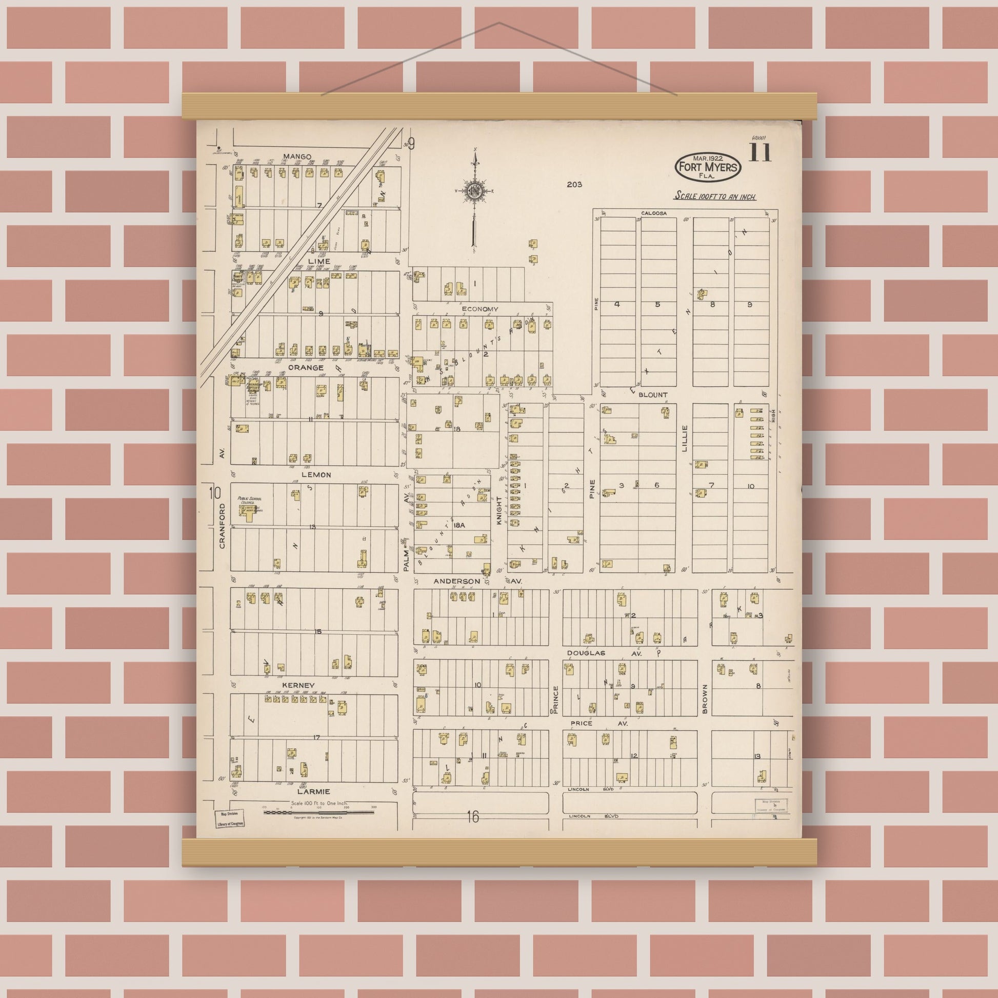 Old map wall art mockup — magnetic wood frame on brick wall — Sanborn Fire Insurance Map from Fort Myers, Lee County, Florida (1922), Sheet #0011