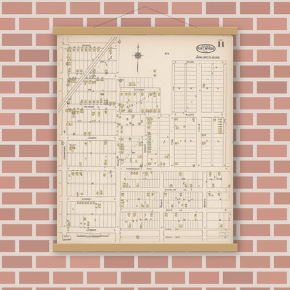 Old map wall art mockup — magnetic wood frame on brick wall — Sanborn Fire Insurance Map from Fort Myers, Lee County, Florida (1922), Sheet #0011