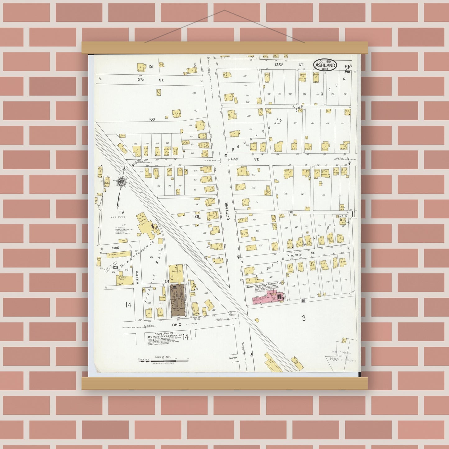 Old map wall art mockup — magnetic wood frame on brick wall — Sanborn Fire Insurance Map from Ashland, Ashland County, Ohio (1919), Sheet #0002