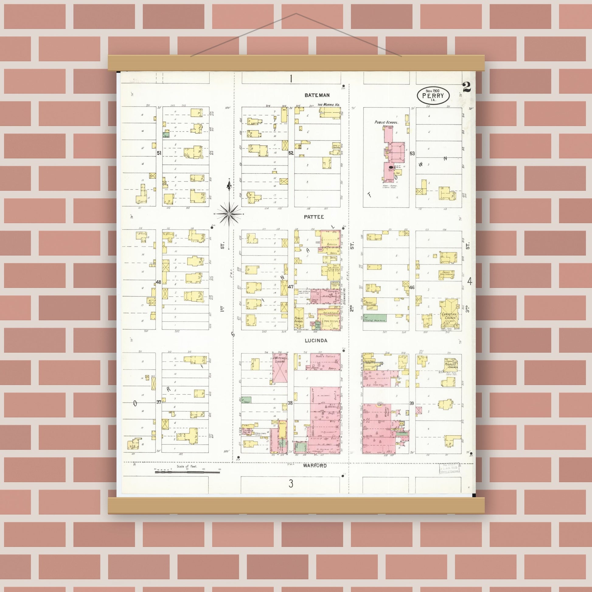 Old map wall art mockup — magnetic wood frame on brick wall — Sanborn Fire Insurance Map from Perry, Dallas County, Iowa (1900), Sheet #0002