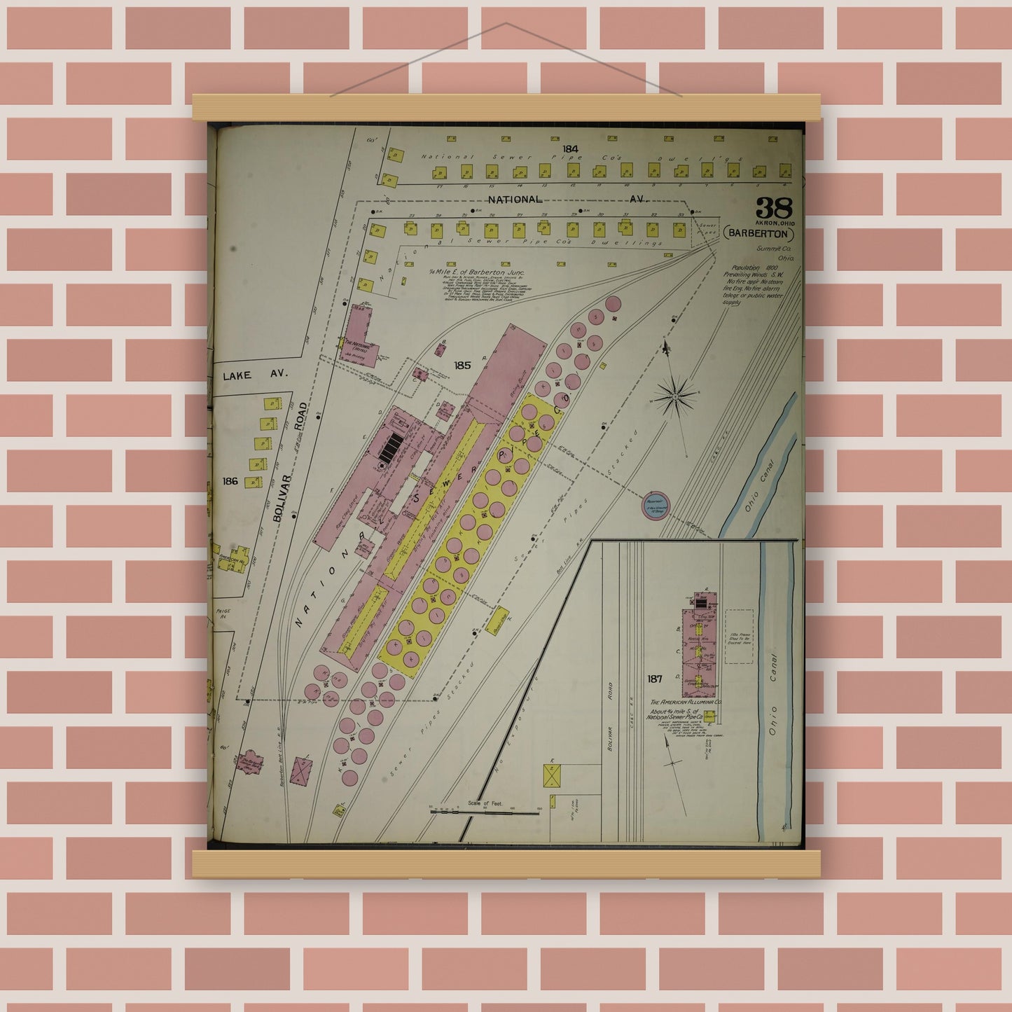 Old map wall art mockup — magnetic wood frame on brick wall — Sanborn Fire Insurance Map from Akron, Summit County, Ohio (1892), Sheet #0038