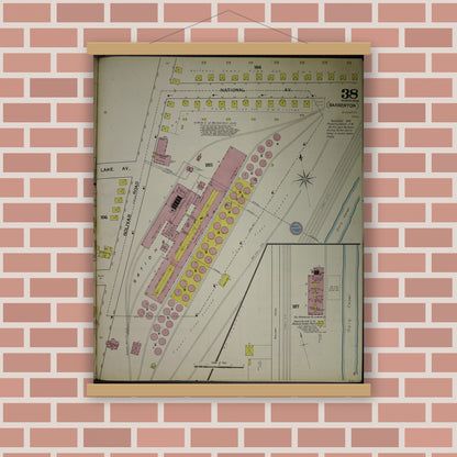 Old map wall art mockup — magnetic wood frame on brick wall — Sanborn Fire Insurance Map from Akron, Summit County, Ohio (1892), Sheet #0038