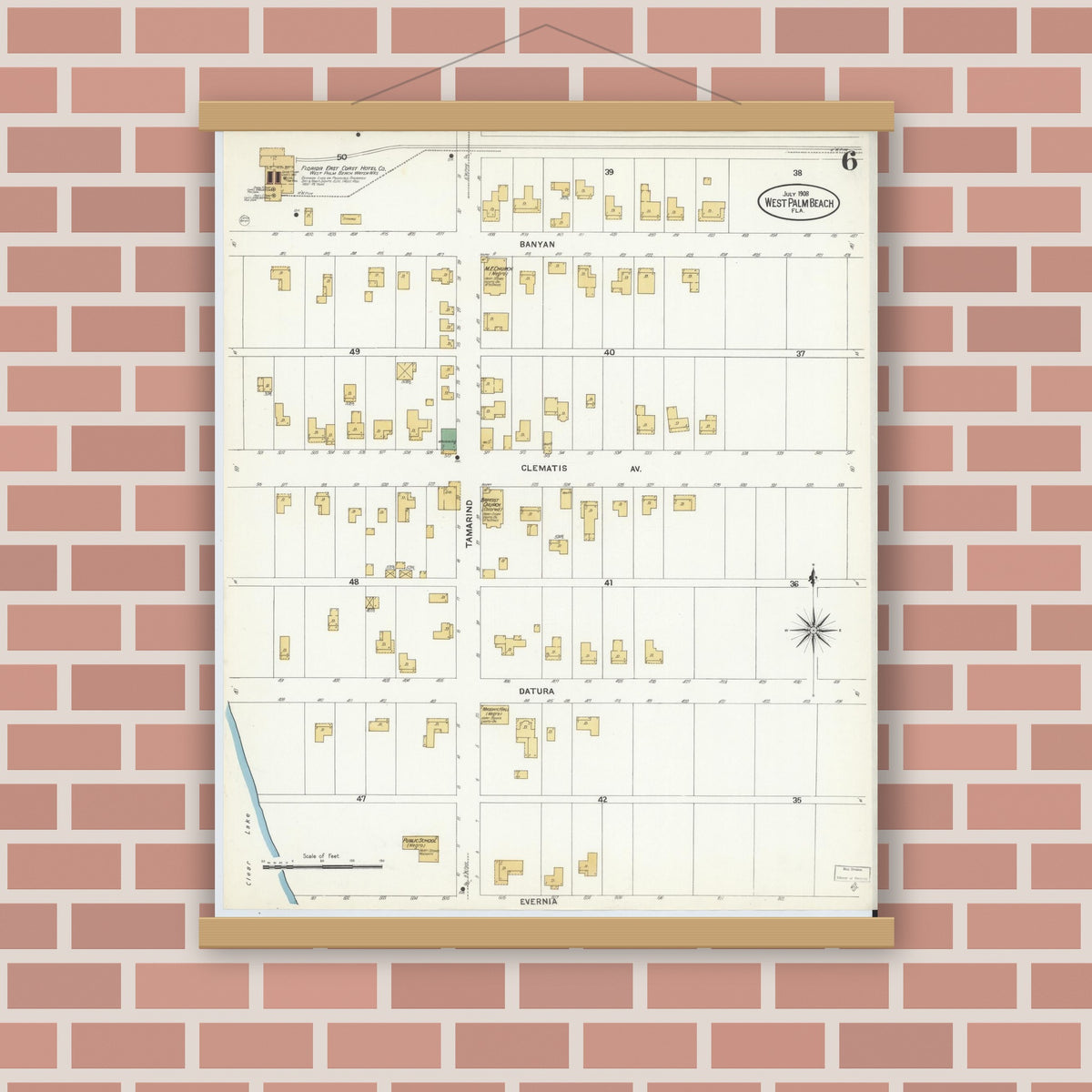 Old map wall art mockup — magnetic wood frame on brick wall — Sanborn Fire Insurance Map from West Palm Beach, Dade County, Florida (1908), Sheet #0006