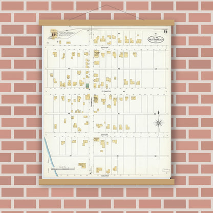 Old map wall art mockup — magnetic wood frame on brick wall — Sanborn Fire Insurance Map from West Palm Beach, Dade County, Florida (1908), Sheet #0006