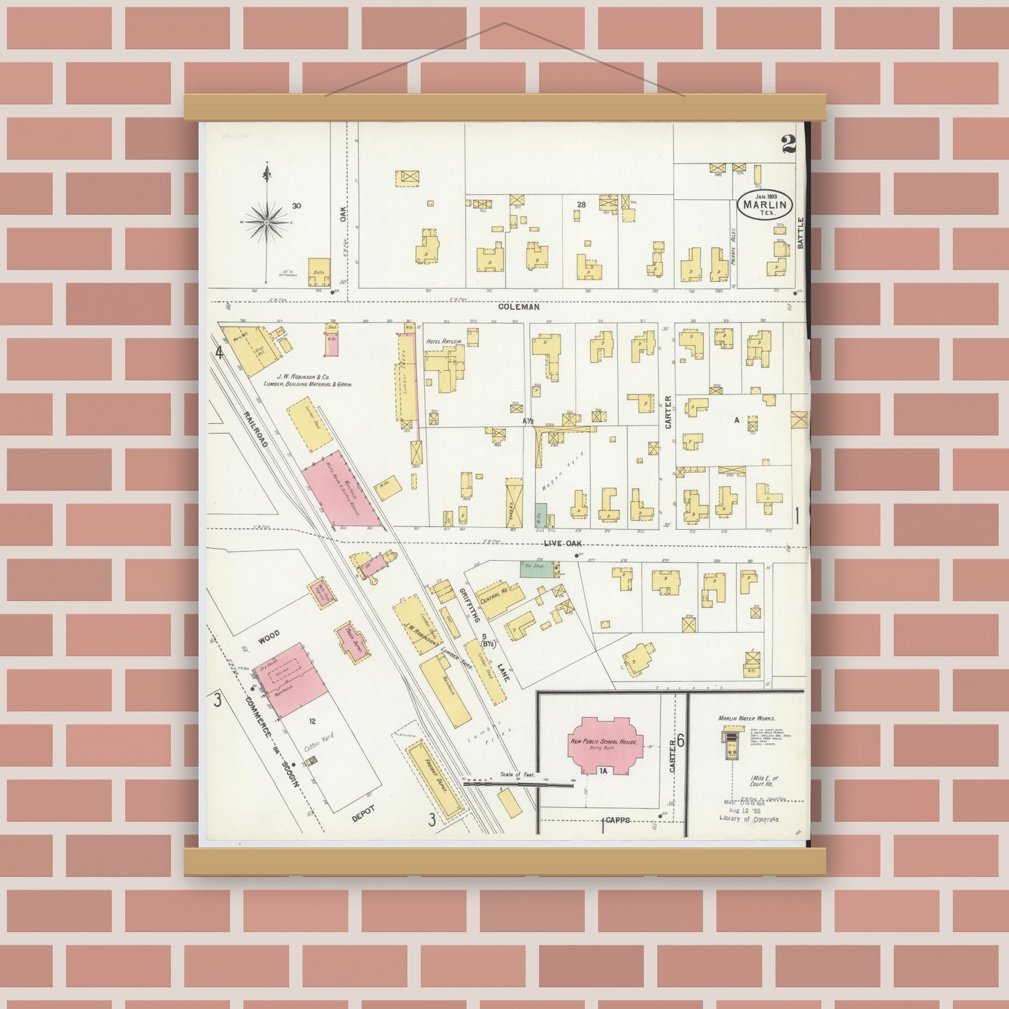 Old map wall art mockup — magnetic wood frame on brick wall — Sanborn Fire Insurance Map from Marlin, Falls County, Texas (1903), Sheet #0002