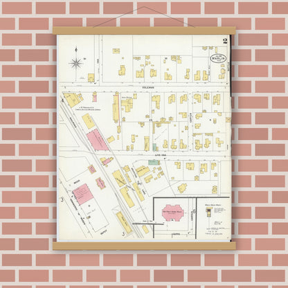 Old map wall art mockup — magnetic wood frame on brick wall — Sanborn Fire Insurance Map from Marlin, Falls County, Texas (1903), Sheet #0002