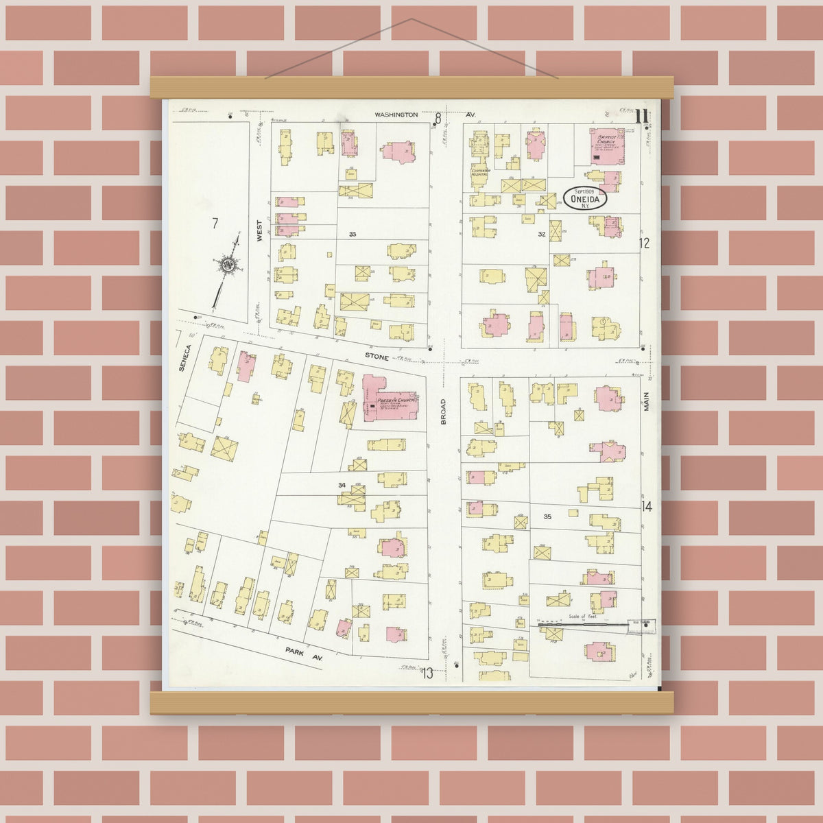 Old map wall art mockup — magnetic wood frame on brick wall — Sanborn Fire Insurance Map from Oneida, Madison County, New York (1909), Sheet #0011