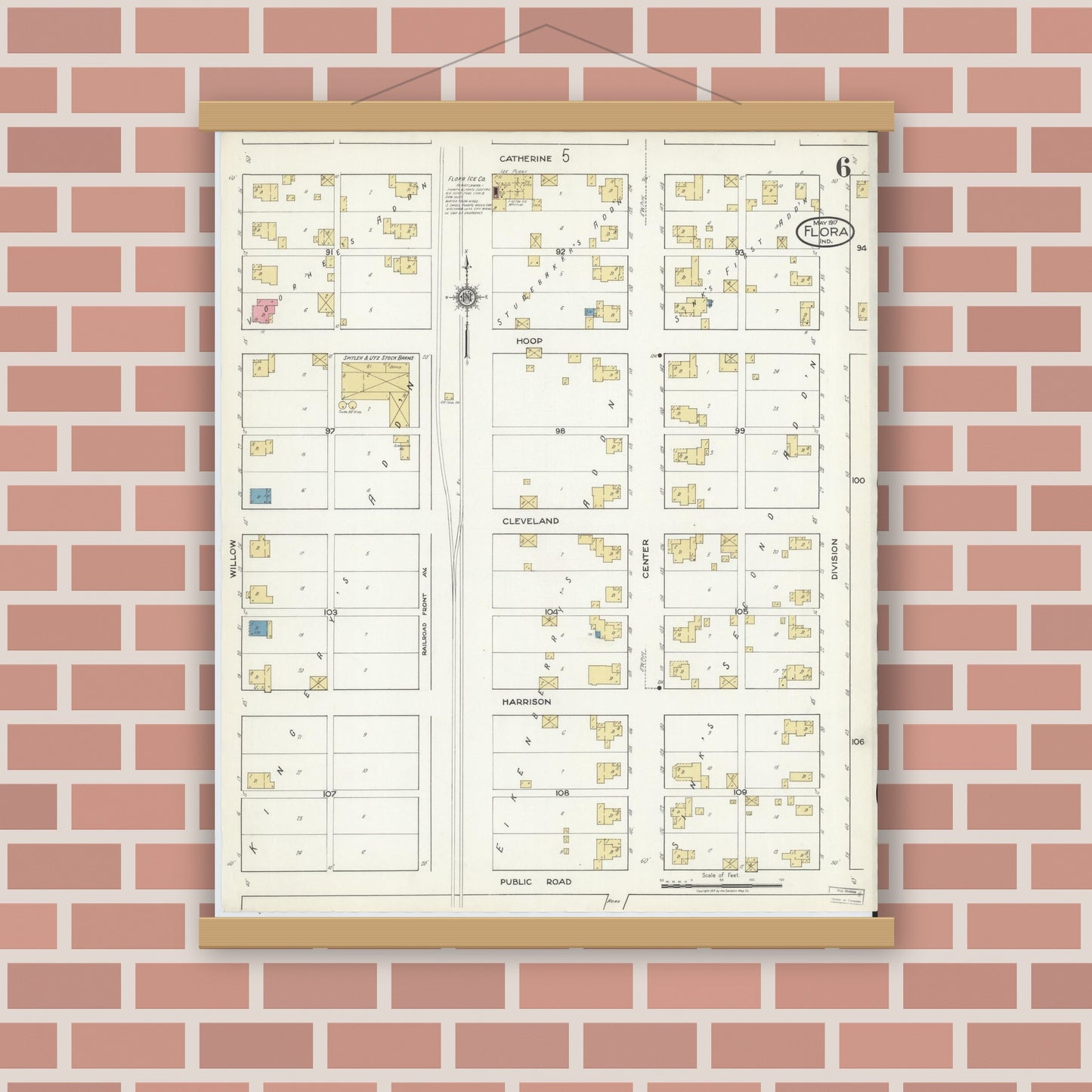 Old map wall art mockup — magnetic wood frame on brick wall — Sanborn Fire Insurance Map from Flora, Carroll County, Indiana (1917), Sheet #0006
