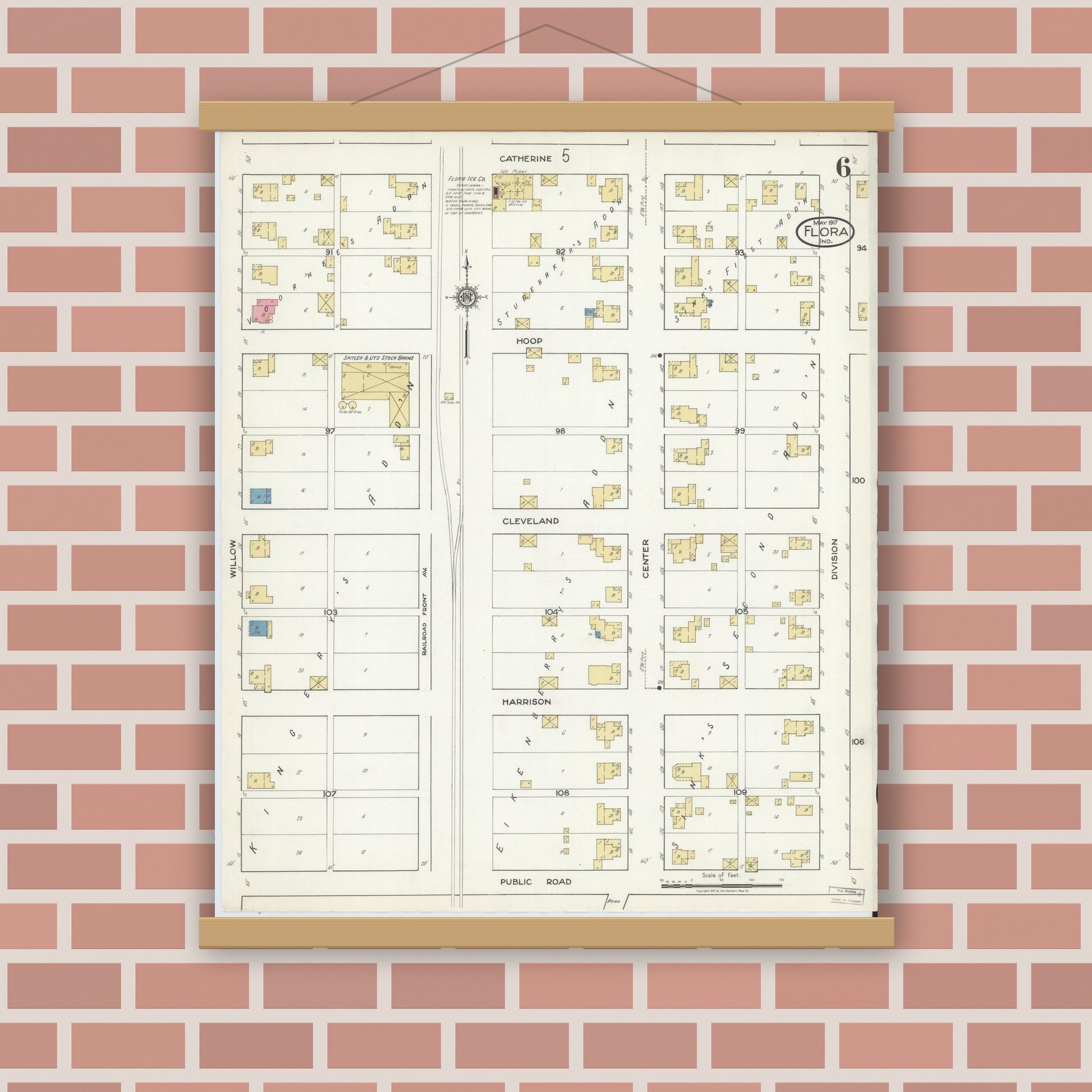 Old map wall art mockup — magnetic wood frame on brick wall — Sanborn Fire Insurance Map from Flora, Carroll County, Indiana (1917), Sheet #0006