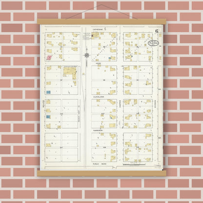 Old map wall art mockup — magnetic wood frame on brick wall — Sanborn Fire Insurance Map from Flora, Carroll County, Indiana (1917), Sheet #0006