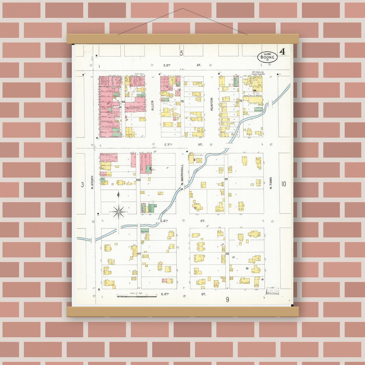 Old map wall art mockup — magnetic wood frame on brick wall — Sanborn Fire Insurance Map from Boone, Boone County, Iowa (1900), Sheet #0004