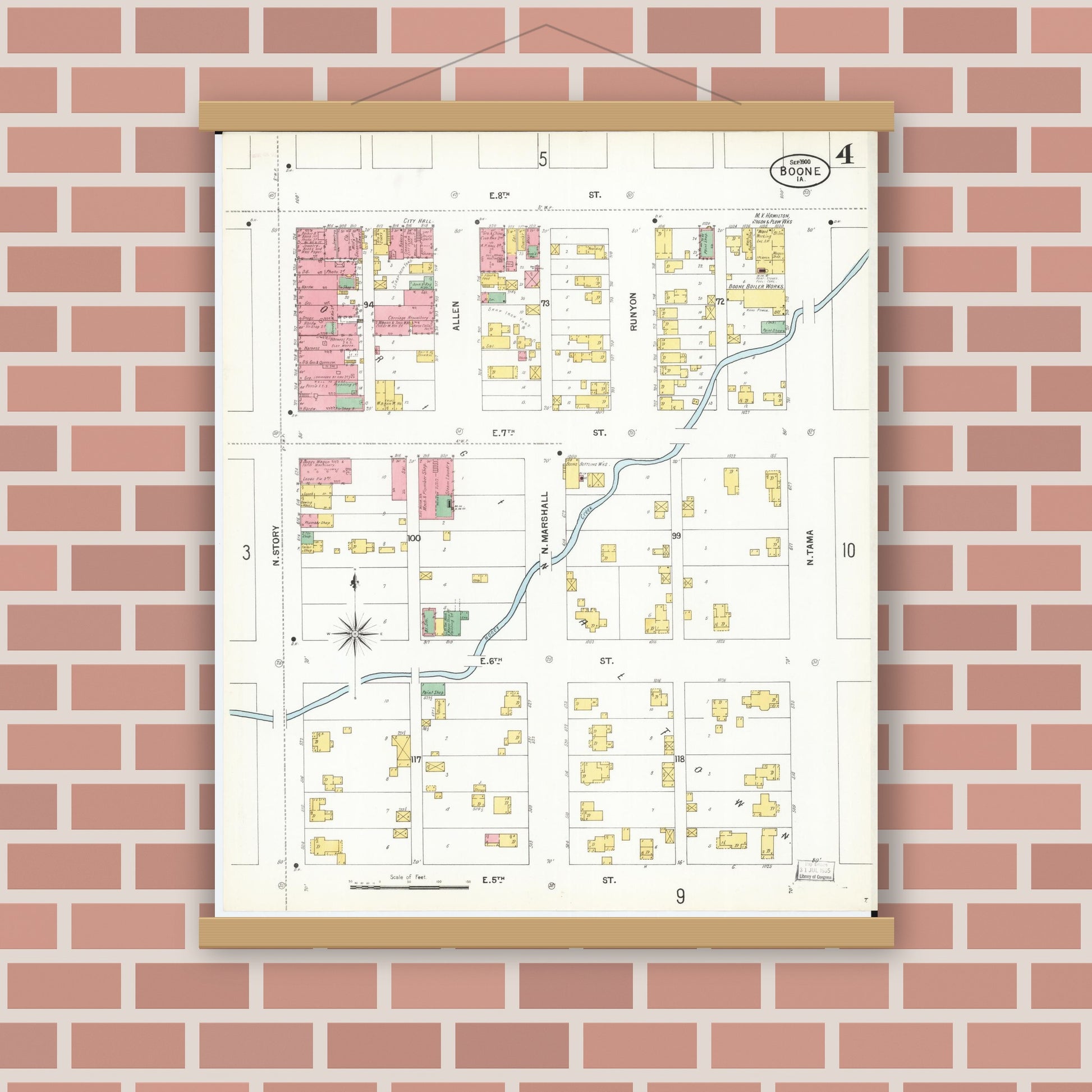 Old map wall art mockup — magnetic wood frame on brick wall — Sanborn Fire Insurance Map from Boone, Boone County, Iowa (1900), Sheet #0004