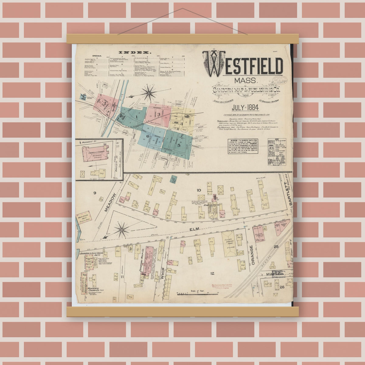 Old map wall art mockup — magnetic wood frame on brick wall — Sanborn Fire Insurance Map from Westfield, Hampden County, Massachusetts (1884) - Complete Map Set
